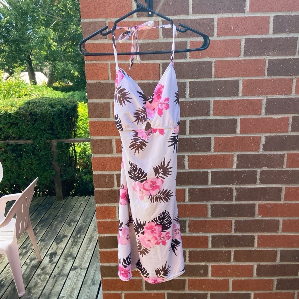 Floral Print Open Back Halter Swim Dress